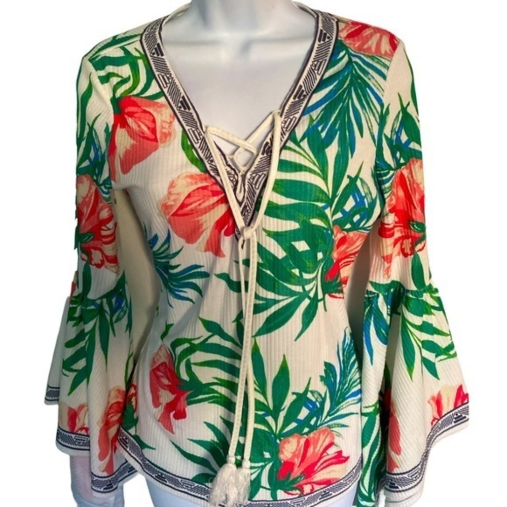 Boston Proper Bell Sleeved Floral Top - S white green orange , poly spandex